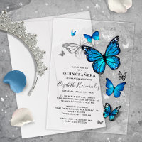 Elégante Quinceanera en argent et papillon bleu