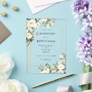 Invitations En Acrylique Élégante Quinceañera Fleur Blanche Bordure Dorée