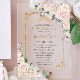 Invitations En Acrylique Élégante Quinceañera Fleurie Champagne Ivoire Rose