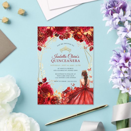 Invitations En Acrylique Elégante Quinceanera Florale Enchantée Or Rouge (Insitu (Mariage))