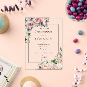 Invitations En Acrylique Élégante Quinceañera Florale Rose avec Bordure Arg