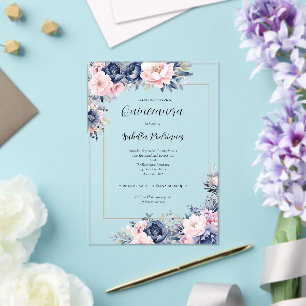 Invitations En Acrylique Elégante Quinceanera Florale Rose Marine