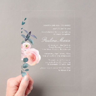 Invitations En Acrylique Élégante Quinceañera Florale Rose Pâle