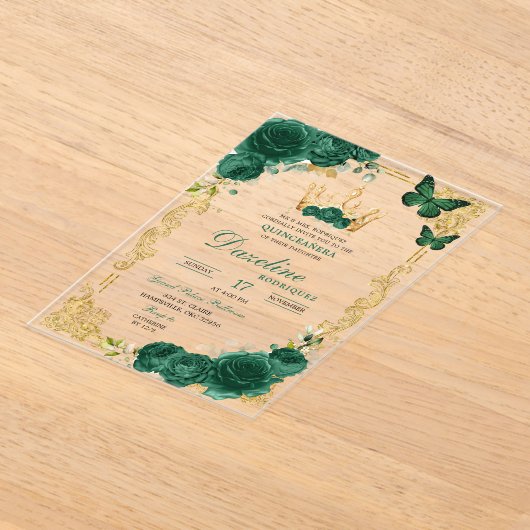 Invitations En Acrylique Élégante Quinceanera verte émeraude (Poser)
