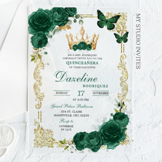 Invitations En Acrylique Élégante Quinceanera verte émeraude