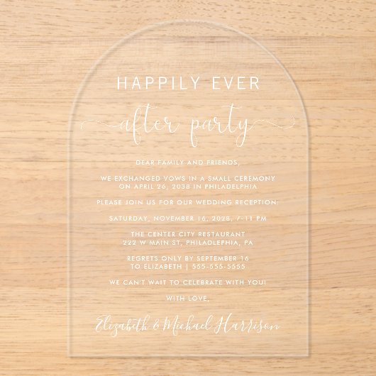 Invitations En Acrylique Elégante Réception de mariage en arc de script bla (Recto)