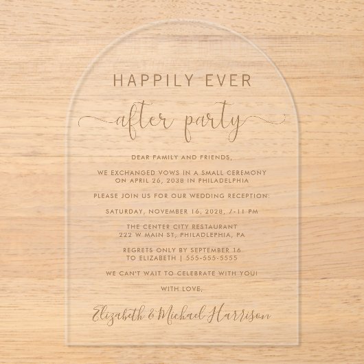 Invitations En Acrylique Elégante Réception Mariage Arc Script Gold (Recto)