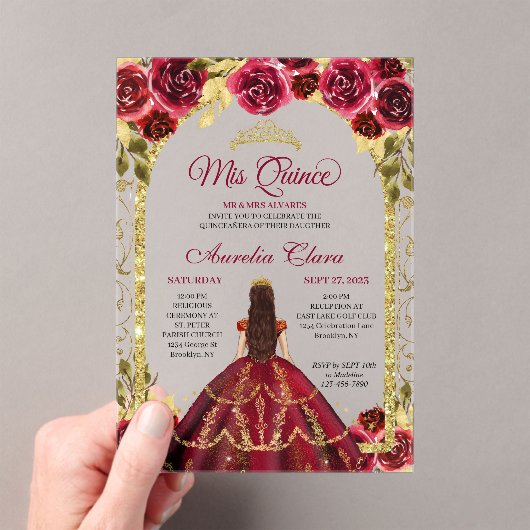 Invitations En Acrylique Elégante Red Floral Princess Gold Arch Quinceanera (In situ (ordinateur de poche))