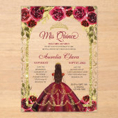 Invitations En Acrylique Elégante Red Floral Princess Gold Arch Quinceanera (Recto)