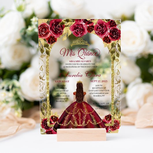 Invitations En Acrylique Elégante Red Floral Princess Gold Arch Quinceanera