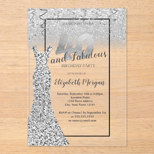Invitations En Acrylique Elégante robe de Parties scintillant en argent 40e (Recto)