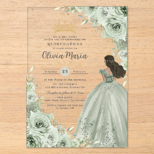 Invitations En Acrylique Élégante Robe de Quinceañera Fleurie Vert Sauge Ma
