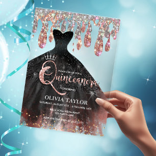 Invitations En Acrylique Elégante robe noire gouttes de cristal Quinceanera