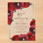Invitations En Acrylique Elégante Rose rouge Floral Or 85e fête d'anniversa (Recto)