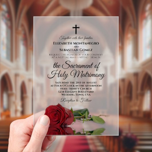 Invitations En Acrylique Élégante Rose rouge Mariage catholique moderne