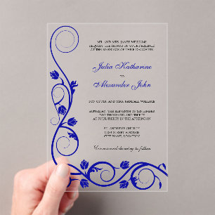Invitations En Acrylique Elégante Royal Blue et White Swirls