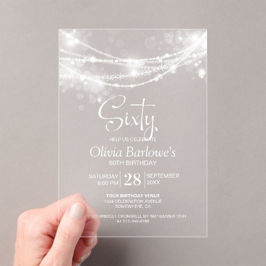 Invitations En Acrylique Élégante String Lights 60e fête d'anniversaire (In situ (ordinateur de poche))