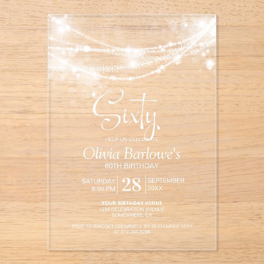 Invitations En Acrylique Élégante String Lights 60e fête d'anniversaire (Recto)