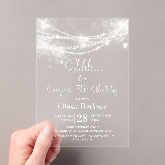 Invitations En Acrylique Élégante String Lights Surprise 75e anniversaire f (In situ (ordinateur de poche))