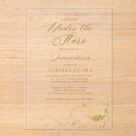 Invitations En Acrylique Elégante Une nuit sous les étoiles Quinceañera (Recto)