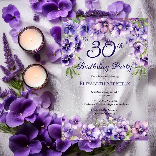Invitations En Acrylique Élégante Violette violette Florale 30e fête d'anni