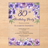 Invitations En Acrylique Élégante Violette violette Florale 80e fête d'anni (Recto)