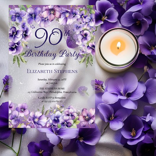 Invitations En Acrylique Élégante Violette violette Florale 90ème anniversa