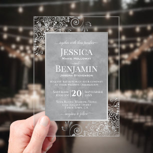 Invitations En Acrylique Élégantes Boucles Gris Argenté Texte Mariage Stylé