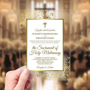 Invitations En Acrylique Élégantes Boucles Ornées Or et Blanc Mariage Catho