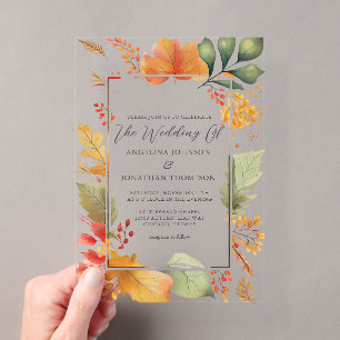 Invitations En Acrylique Élégantes feuilles automnales aquarelle mariage