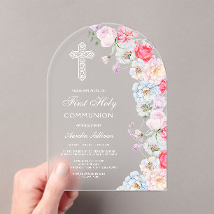 Invitations En Acrylique Élégantes fleurs aquarelles arche Première Communi