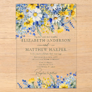 Invitations En Acrylique Élégantes Fleurs Sauvages Bleu Poussiéreux Jaune M
