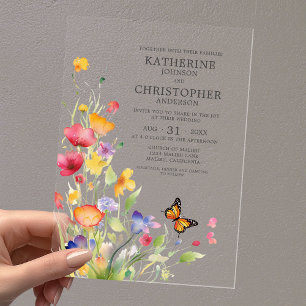 Invitations En Acrylique Élégantes Fleurs Sauvages Colorées Papillon Mariag