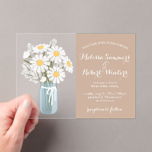 Invitations En Acrylique Elégantes marguerites blanches Mason Jar Mariage b