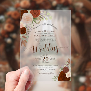 Invitations En Acrylique Élégantes Roses Aquarelle Orange Rouille Mariage B