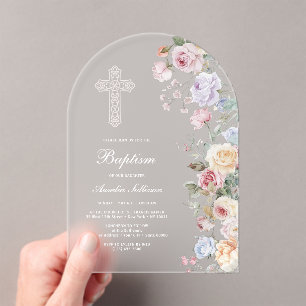 Invitations En Acrylique Élégantes Roses Arche Baptême