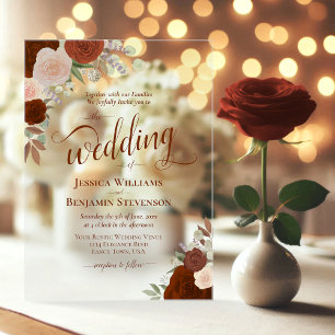 Invitations En Acrylique Élégantes roses bohèmes orange rouille fancées de