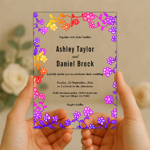 Invitations En Acrylique Élégantes Roses Colorées Néon Mariage Floral Moder