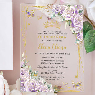 Invitations En Acrylique Élégantes Roses de Lilas Violet Fleurie Or Quincea