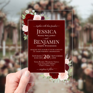 Invitations En Acrylique Élégantes Roses Fardées de Bourgogne Texte Mariage