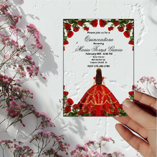 Invitations En Acrylique Élégantes Roses Rouges et Robe Quinceañera