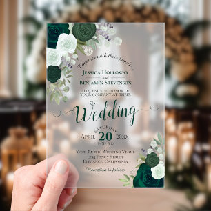 Invitations En Acrylique Élégantes Roses Vert Émeraude Aquarelle Mariage