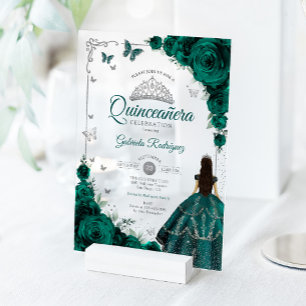 Invitations En Acrylique Élégantes Roses Vert Emeraude Quinceanera Argent