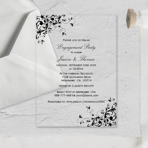 Invitations En Acrylique Élégantes Volutes Soirée de Fiançailles Noir & Bla