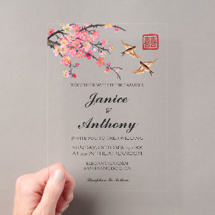 Invitations En Acrylique Élégants fleurs oiseaux mariage chinois