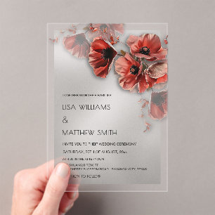 Invitations En Acrylique Élégants Fleurs Rouges Argentées Transparentes Mar