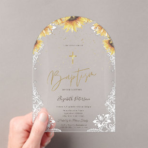 Invitations En Acrylique Élégants tournesols croix dorée Baptême blanc dent