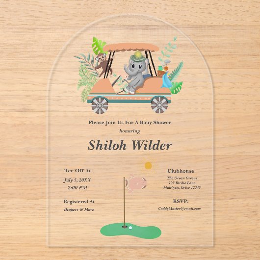 Invitations En Acrylique Élément Boho Bébé Éléphant & Singe Golf Fête de Na (Recto)
