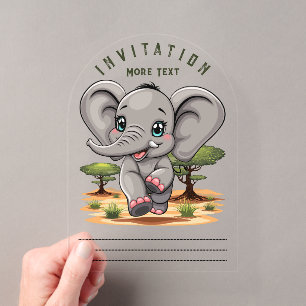 Invitations En Acrylique Éléphant Bébé Saute Heureux dans la Savane Africai