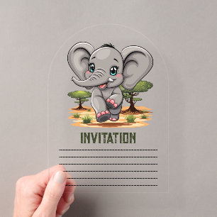 Invitations En Acrylique Éléphant Bébé Saute Heureux dans la Savane Africai